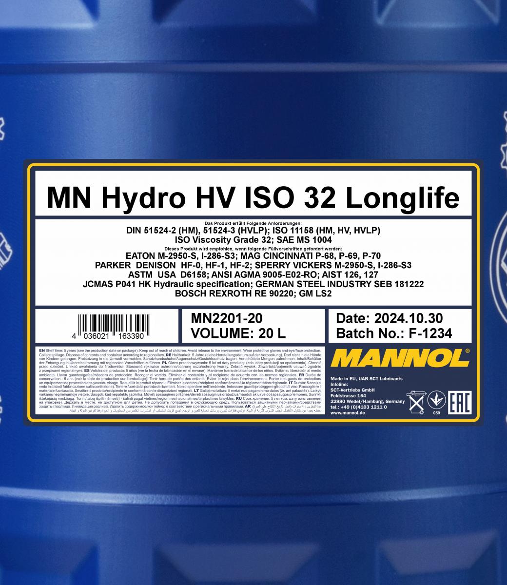 Hydralolja Mannol Hydro HV ISO 32 Longlife, 20 Liter