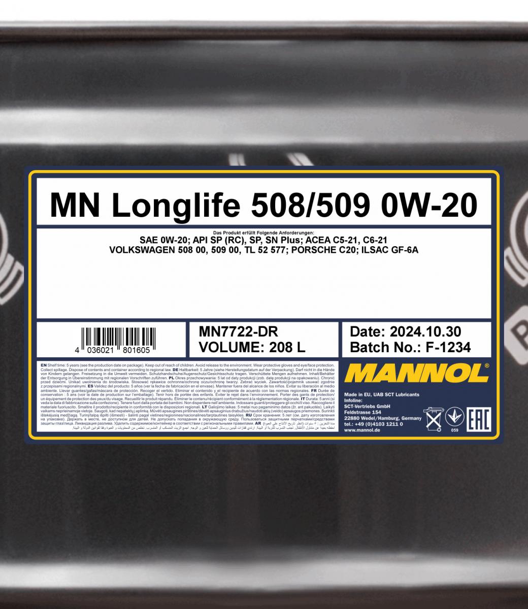 Motorolja Mannol Longlife 508/509 0W-20, 208 Liter