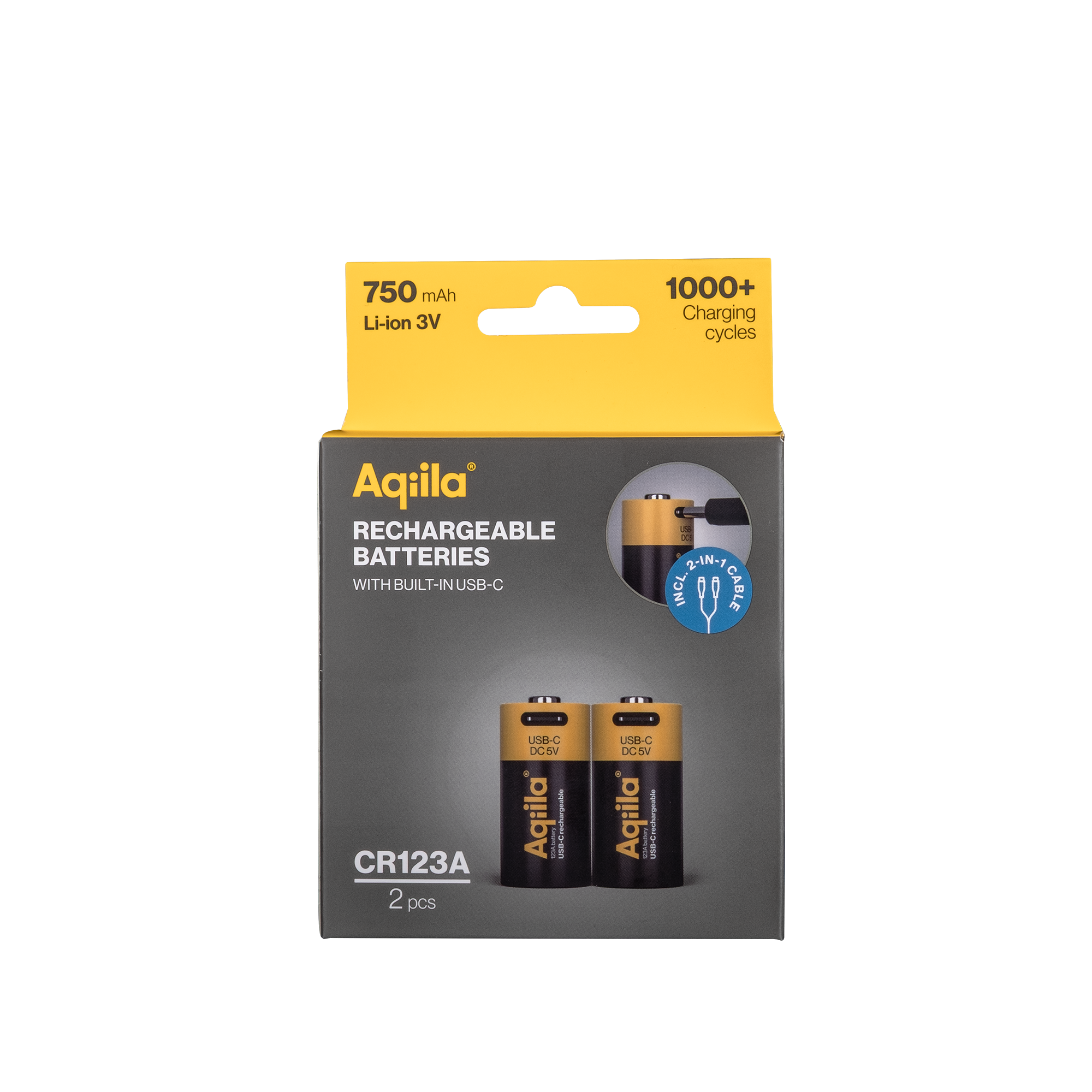Aqiila Rechargeable USB-C Batteries 123A 750mAh 2-P