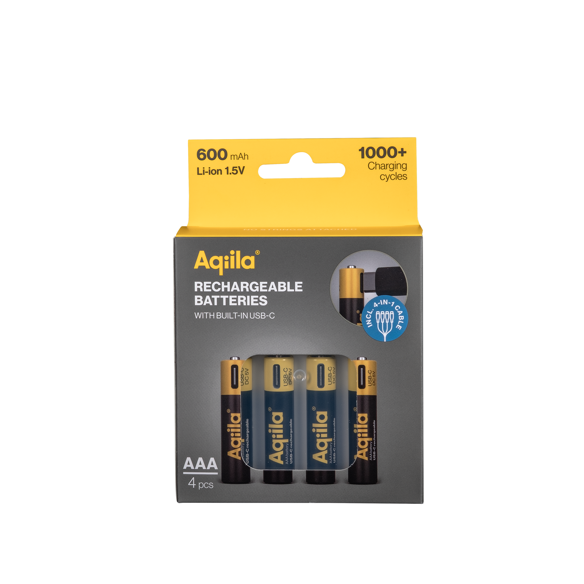 Aqiila Rechargeable USB-C Batteries AAA 600mAh 4-P