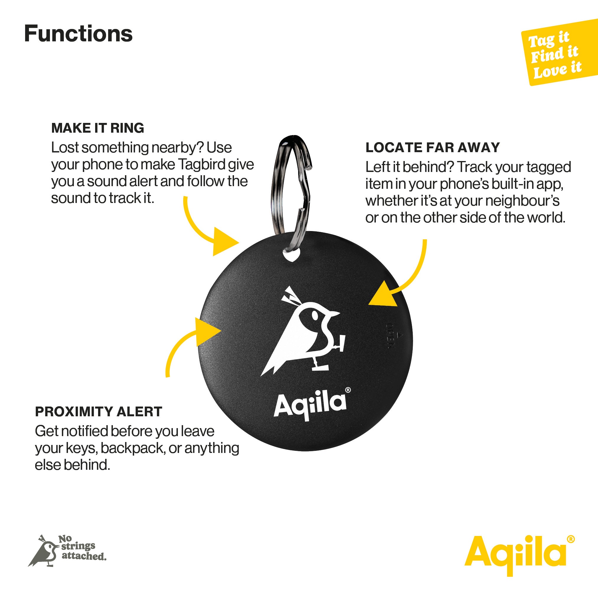 Aqiila Tagbird tracker med nyckelring 4-pack svart