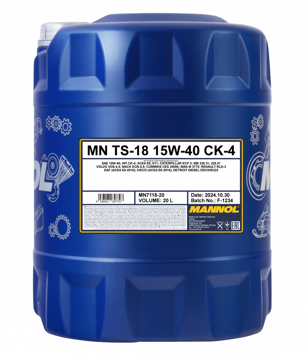 Motorolja Mannol MN7118 15W-40 VDS 4,5 API CK-4 E6 E9, 20 liter